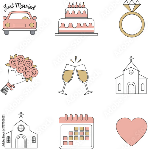 Just Married Wedding Celebration Vector Icon Set