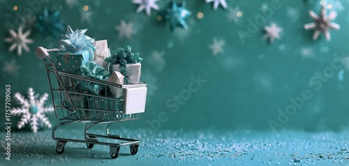 Colorful Shopping Cart Filled With Gifts on a Festive Background During Holiday Season