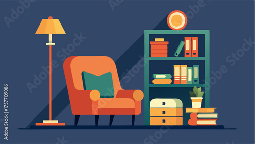 A cozy reading nook with a vintage armchair a modern floor lamp and a retroinspired bookshelf.