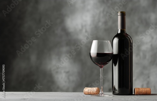Elegant Red Wine Bottle and Glass on a Table With Corks Against a Moody Backg...