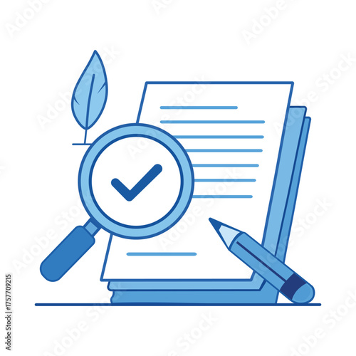 Magnifying glass over document with checkmark isolated on white background, symbolizing verification process