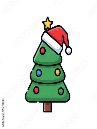 Cartoon Christmas Tree with Santa Hat and Star illustration