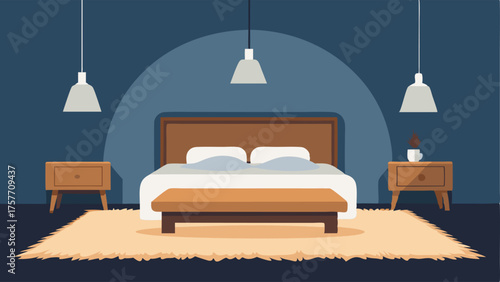 A cozy bedroom with a plush white rug a wooden bench at the foot of the bed and a metal pendant light hanging above.