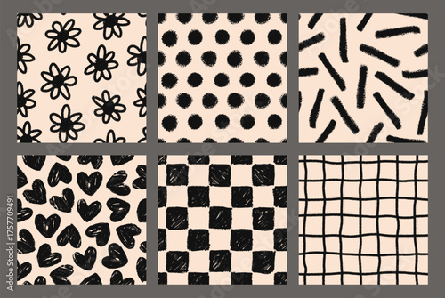 Crayon childish seamless patterns with dots, hearts, stripes, grid, checkered. Hand drawn rough textured vector decoration