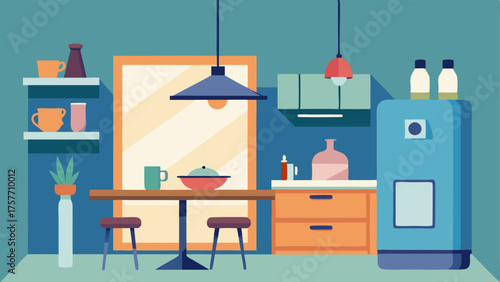 A compact kitchen with open shelving a small breakfast nook and hanging pendant lights.