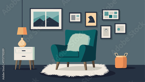 A cozy reading nook with a plush armchair a faux fur throw and a gallery wall of black and white photographs.