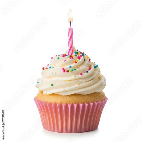 Delicious birthday cupcake with frosting sprinkles and pink candle isolated on white