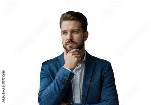 Thoughtful businessman in blue jacket isolated on transparent background