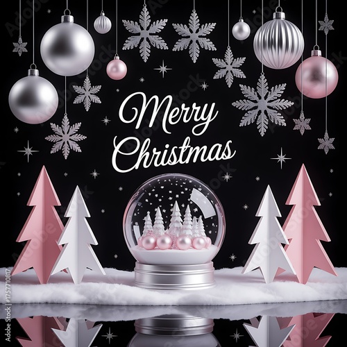 Merry christmas card with ornaments and snow globe.