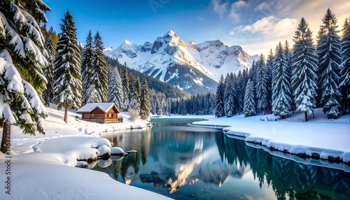 Fototapeta Naklejka Na Ścianę i Meble -  Snowy mountain lake cabin scene