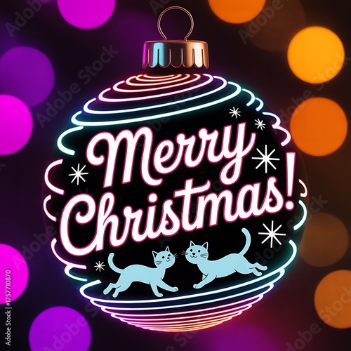Merry christmas ornament with cats and lights.