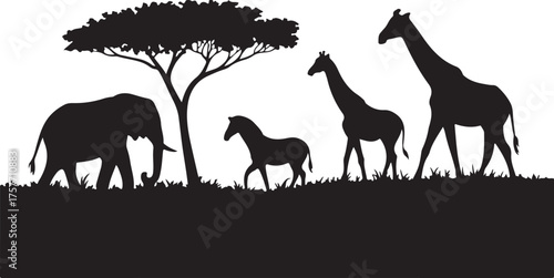 African savanna landscape silhouette with elephant giraffe and zebra