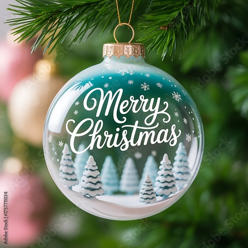 Green christmas ornament with merry christmas typography.