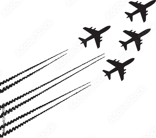 Black silhouette airplanes flying with smoke trails
