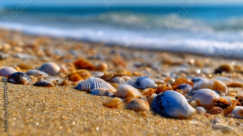 Seashells and pebbles scattered on a sandy beach with gentle waves lapping at the shore, creating a serene coastal scene with a shallow depth of field and soft, diffused light