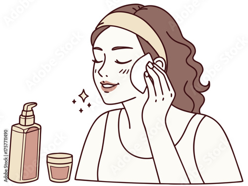 Woman removing makeup with cotton pad and cleansing products in skincare routine. The woman enjoys the cleansing process while using a cleansing lotion and facial cream.