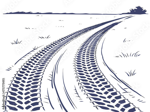 Tractor tire tracks on white field showing curved path through grass. Tractor tire tracks create distinct patterns on white ground with sparse vegetation.