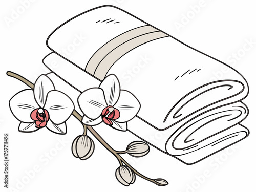 Soft white towels with elegant orchid flowers arranged on a clean surface. Towels feature simple design and are perfectly folded, complementing the delicate orchids for a soothing aesthetic.