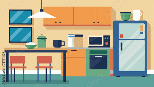 A communal kitchen area featured a fridge microwave and coffee maker providing a convenient spot for students to prepare and enjoy meals.