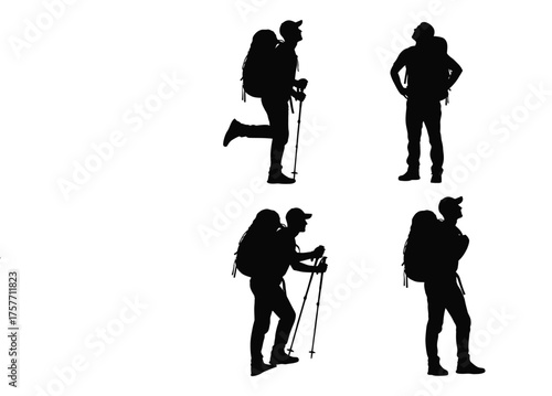 Silhouette backpackers hiking and trekking outdoor adventure poses set vector