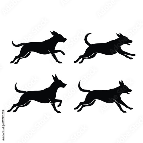 Dynamic silhouettes of four running dogs capturing motion and athleticism vector