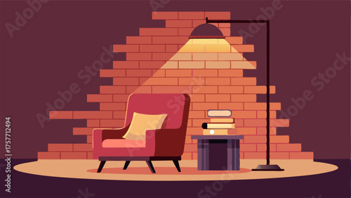 A cozy reading nook surrounded by exposed brick walls and a floor lamp with a copper shade.