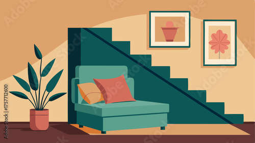 A cozy nook under the stairs with a plush cushioned seat a vintage floral cushion and a framed botanical print on the wall.