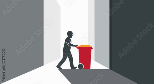 Person pushing a trash can with wheels through narrow alleyway  