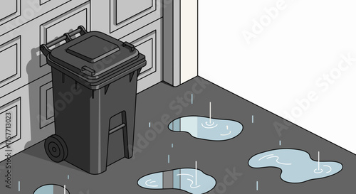 Trash can with wheels beside puddles on a rainy indoor floor  