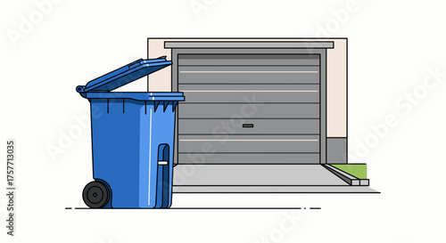 Trash can with wheels near garage door on driveway  