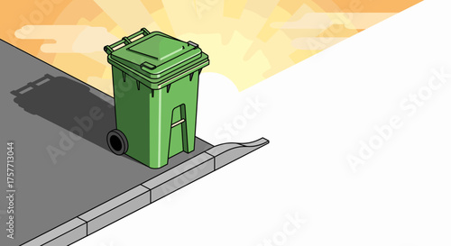 Trash can with wheels on street at dawn in modern style  