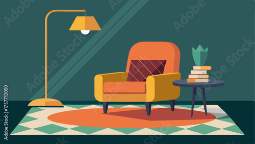 A cozy reading nook with a velvet armchair gold floor lamp and a geometric rug.