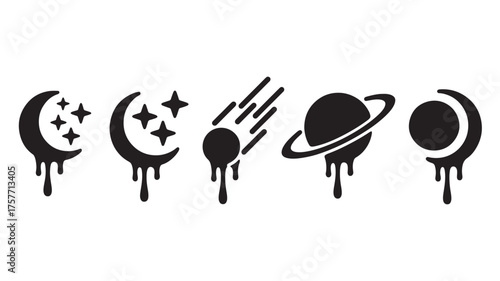 Vector art of set of dripping celestial icons including moon phases, stars, comet, and planet