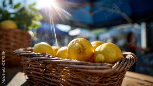 Sun-kissed lemons fill a rustic woven basket, radiating freshness under a bright summer sky. Natural, simple, and delicious moments.