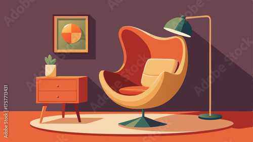A cozy reading nook with a sculptural swivel chair and a floor lamp featuring a spherical midcentury design.