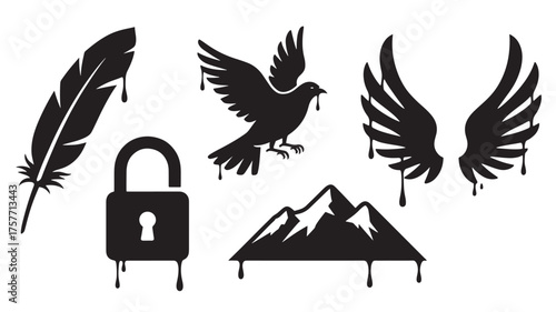 Vector art of symbolic elements including feather, lock, dove, wings, and mountains