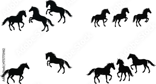 A collection of black horse silhouettes in various dynamic poses and groups against a white background.