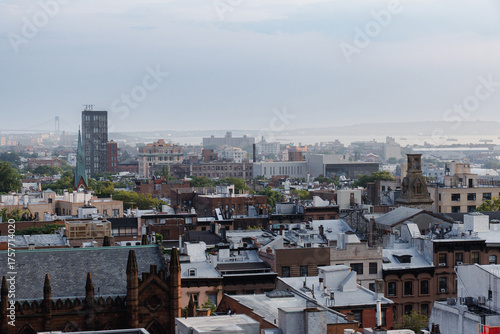 Cloudy sky over apartment buildings in NYC neighborhood of Brooklyn Heights