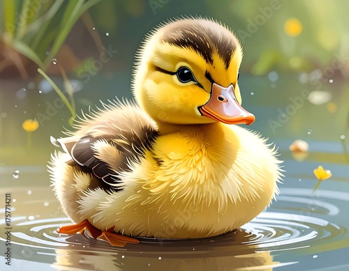 Adorable, fluffy yellow duckling floating on water with gentle ripples