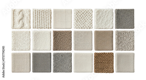 Collection of carpet samples with different textures and colors, isolated on transparent background
