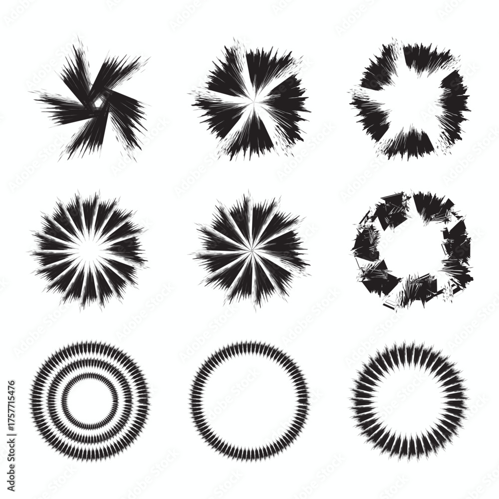 Fototapeta premium Abstract Circular Spiky Geometric Shapes Set – Black and White Radial Burst Patterns Collection