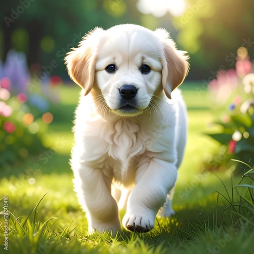 Adorable golden puppy walking towards viewer in sunlit grassy garden