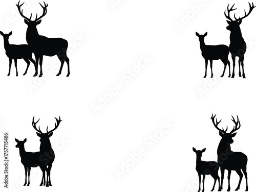 Four black silhouettes of a stag and a doe standing together, arranged in a grid pattern on a white background, symbolizing wildlife.