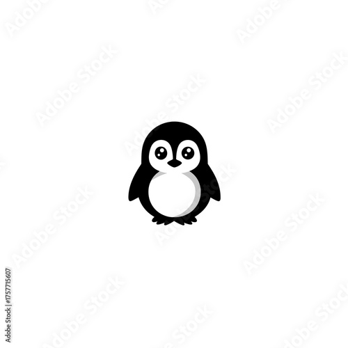Cute Cartoon Penguin Illustration. Adorable Vector Graphic of a Little Arctic Bird Icon, Simple Black and White Design