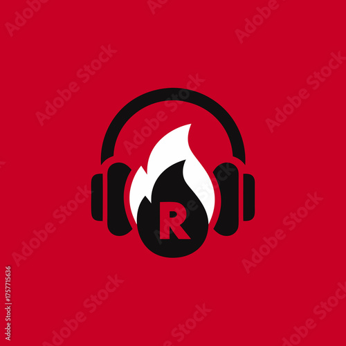 Dynamic headphones with a fiery letter R logo on a vibrant red background. Icon for hot music, audio, podcasting, or radio content.