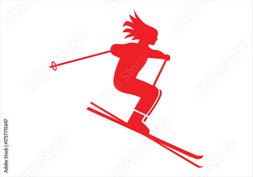 A red skier isolated on white background is shown in this vector illustration of a person skiing down a slope in winter sport