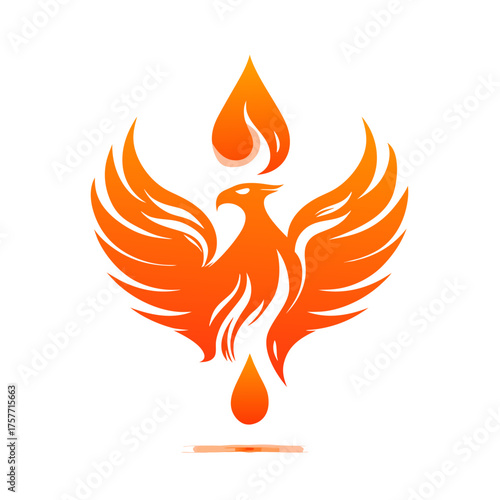 Vibrant Phoenix Bird Graphic Illustration with Fiery Wings and Flame Elements. Symbol of Rebirth, Strength, Energy, and Triumph.