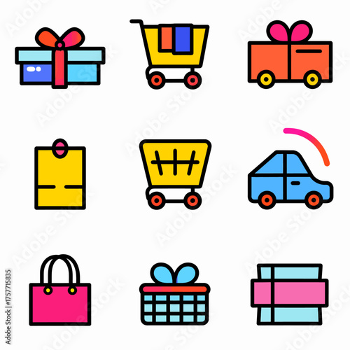 A collection of colorful shopping icons with gifts, shopping carts, a car, and a shopping bag