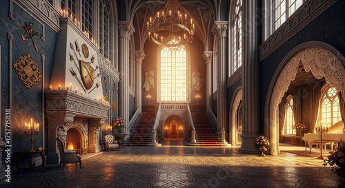 The Great Cathedral in the Royal Hall with a fireplace and throne in an ancient interior.
