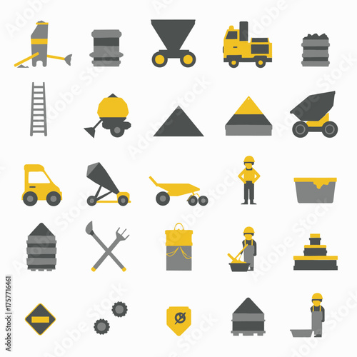 A grid of 25 yellow and gray pixelated icons depicting construction equipment